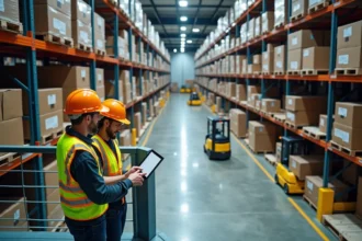 Vue intérieure d'un grand centre de distribution logistique avec des rayonnages industriels et des opérateurs en gilet de sécurité