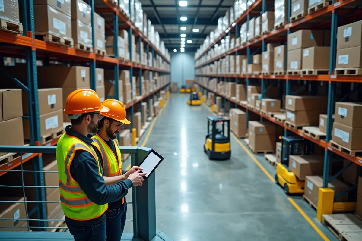 Vue intérieure d'un grand centre de distribution logistique avec des rayonnages industriels et des opérateurs en gilet de sécurité