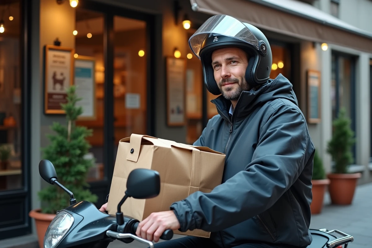 Chauffeur Uber Eats à scooter récupérant une commande devant un restaurant pour maximiser ses revenus