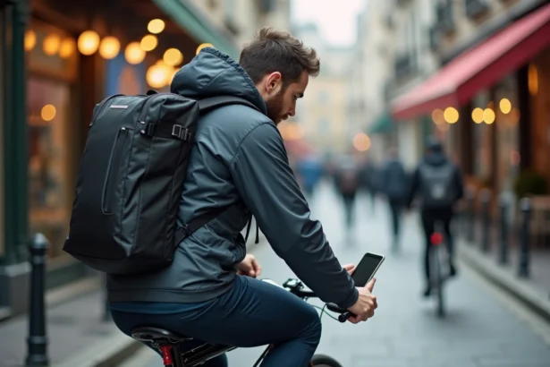 Chauffeur Uber Eats à vélo consultant son smartphone pour optimiser ses livraisons en ville