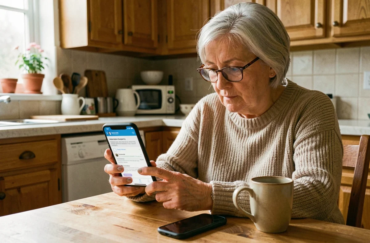 Cliente âgée consultant le résumé d'intervention et la confirmation de transparence sur son smartphone à domicile