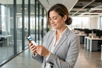 Cliente professionnelle consultant le suivi d'interventions en temps réel sur une application mobile de gestion