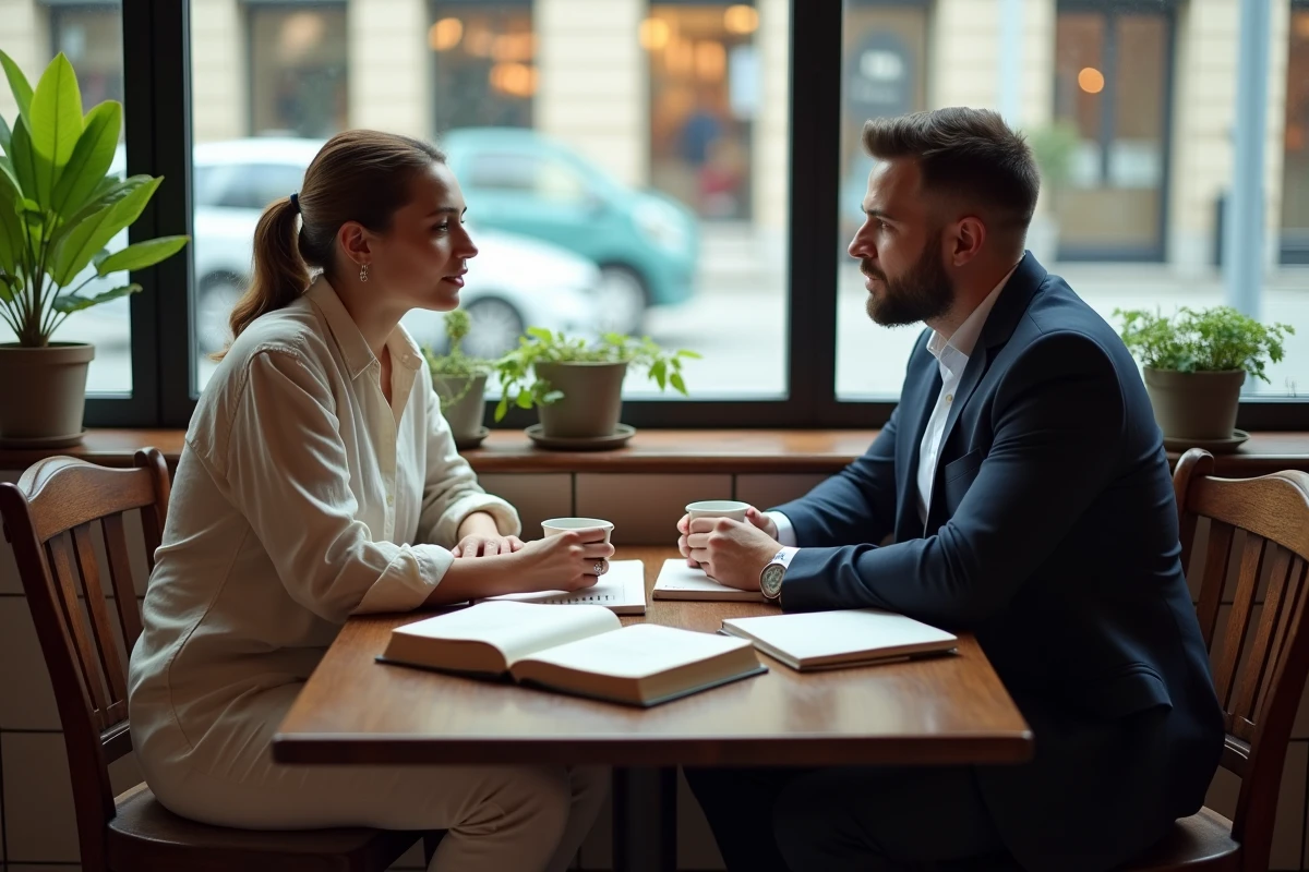 Séance de coaching de carrière entre deux professionnels dans un café, pour préparer une reconversion à l'international