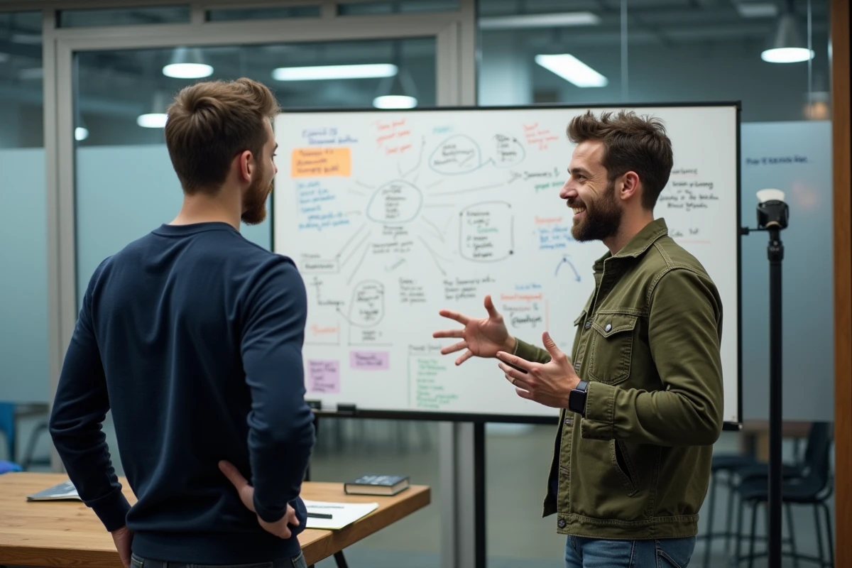 Deux cofondateurs de startup discutant d'une stratégie sur un tableau blanc dans un incubateur d'entreprises