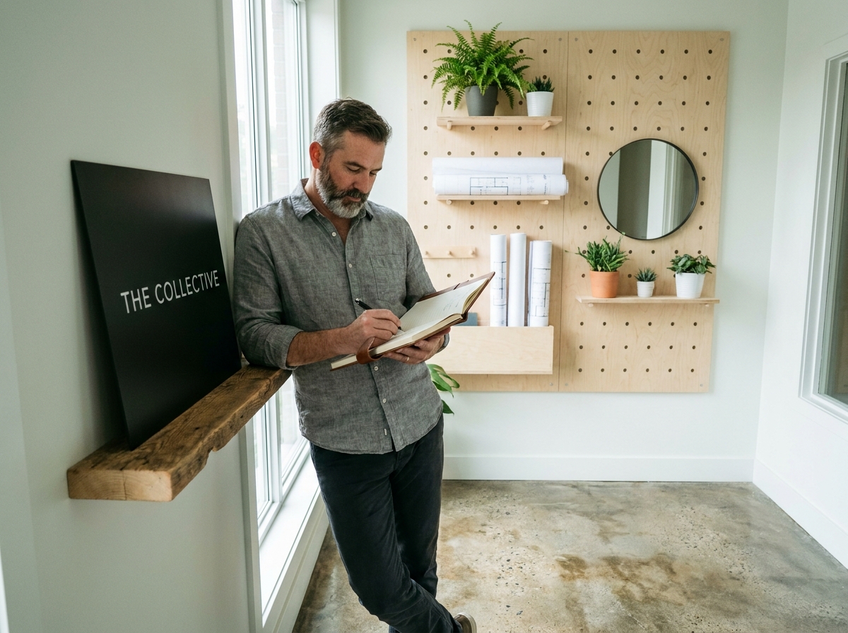 Coin accueil minimaliste avec étagère murale flottante et panneau peg-board dans un espace de coworking