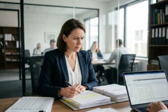 Comptable concentrée révisant de nouvelles règles fiscales sur des documents imprimés dans un bureau moderne