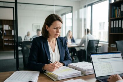 Comptable concentrée révisant de nouvelles règles fiscales sur des documents imprimés dans un bureau moderne