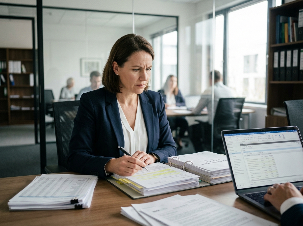 Comptable concentrée révisant de nouvelles règles fiscales sur des documents imprimés dans un bureau moderne