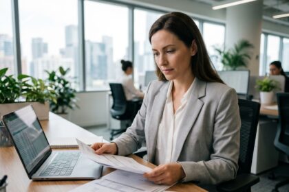 Comptable femme sereine révisant des documents de litige clients dans un bureau moderne
