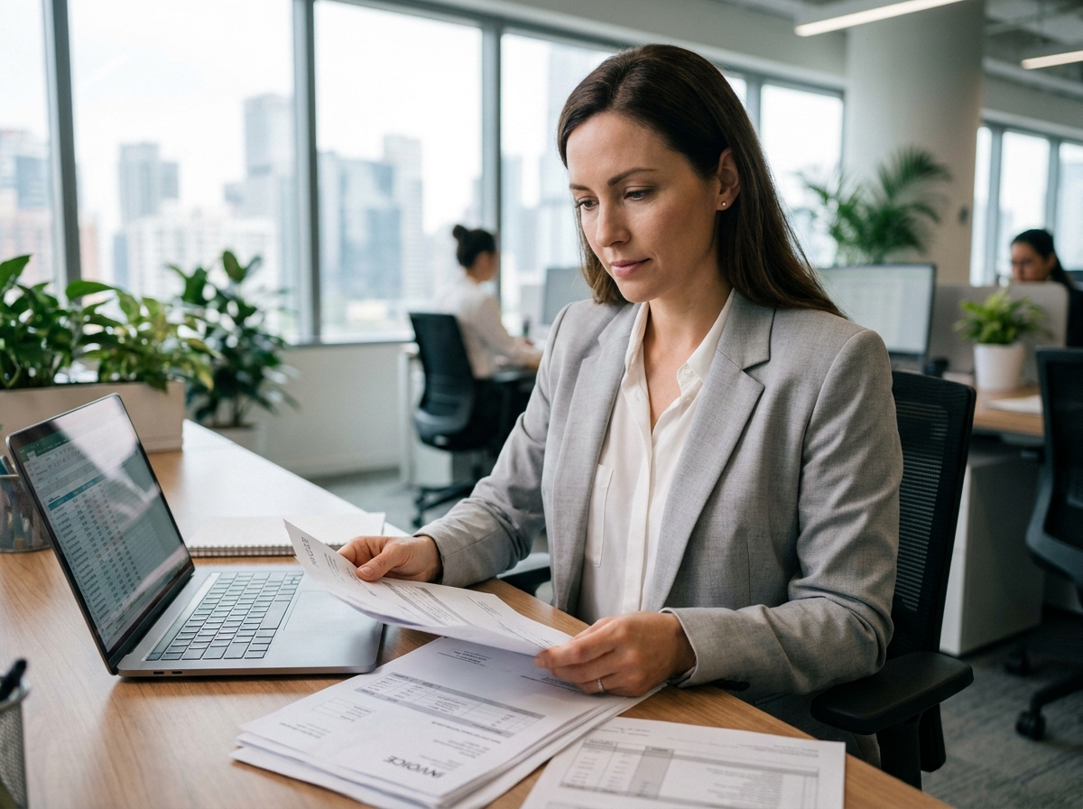Comptable femme sereine révisant des documents de litige clients dans un bureau moderne