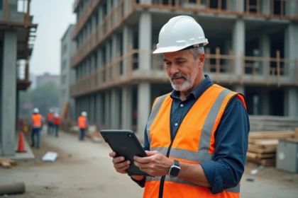 Conducteur de travaux consultant une application de gestion de chantier sur tablette devant un bâtiment en construction