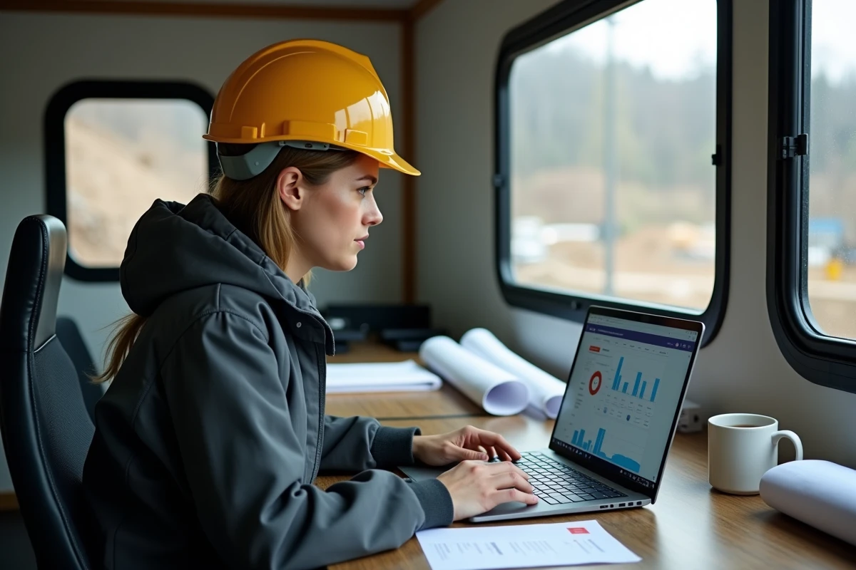 Conductrice de travaux travaillant sur un logiciel de gestion BTP dans un bureau de chantier mobile