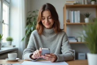 Femme configurant les notifications d'une application de gestion documentaire sur smartphone dans un bureau à domicile