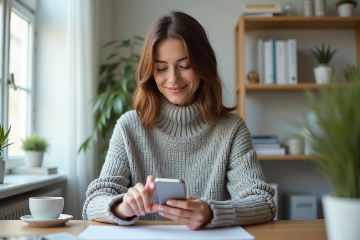 Femme configurant les notifications d'une application de gestion documentaire sur smartphone dans un bureau à domicile