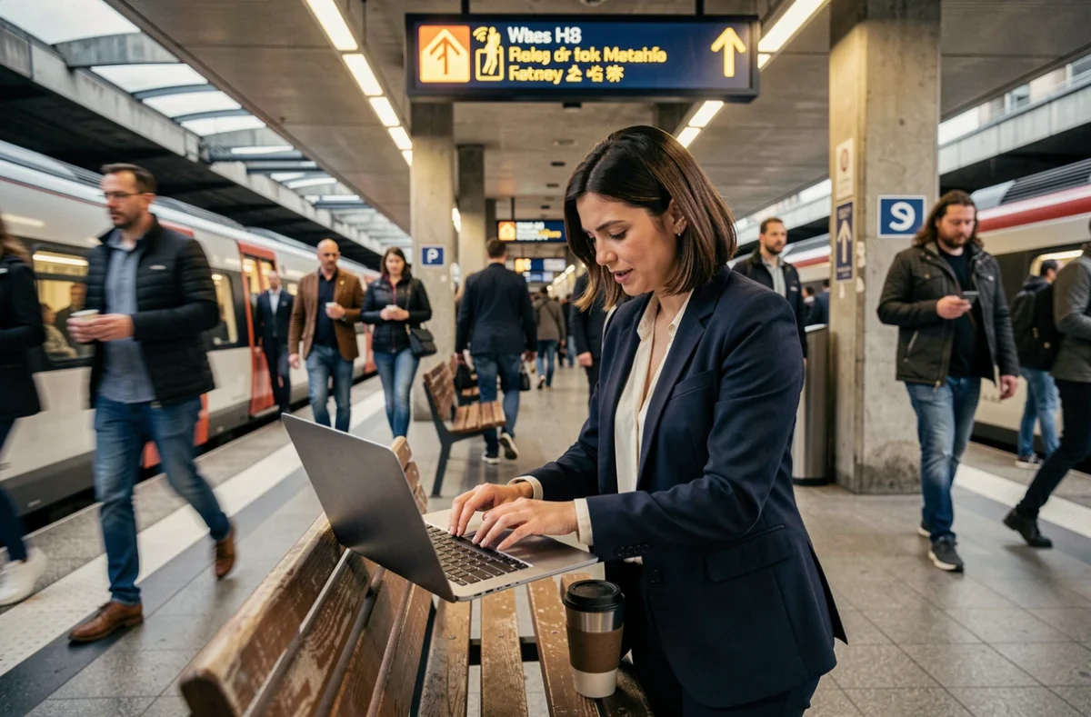Femme professionnelle tentant de se connecter au Wi-Fi RATP sur un quai de gare