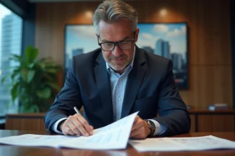 Conseiller financier analysant des documents de fusion-acquisition et des tableaux fiscaux dans une salle de conférence d'entreprise moderne