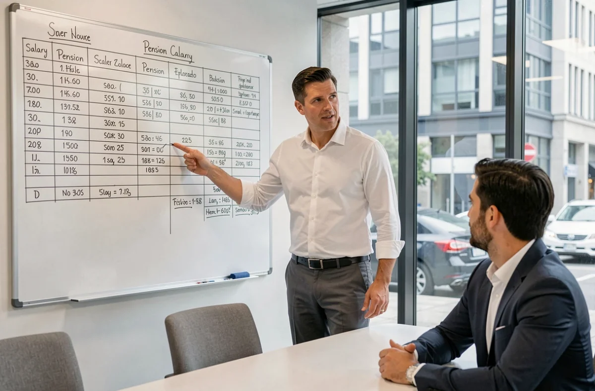 Conseiller financier expliquant la grille IGR et son impact sur les droits à la retraite à un client dans un bureau professionnel