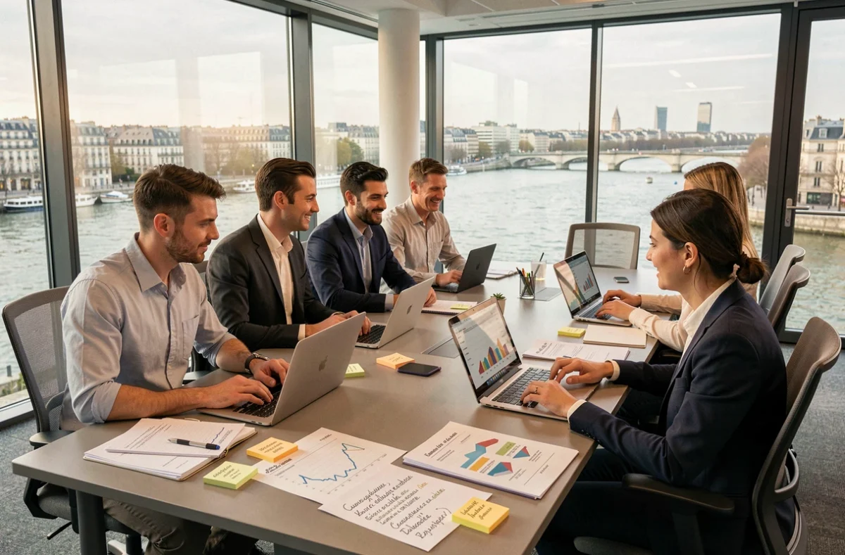 Consultants SEO réunis dans un bureau moderne des Hauts-de-Seine avec vue sur la Seine, travaillant sur des stratégies de référencement