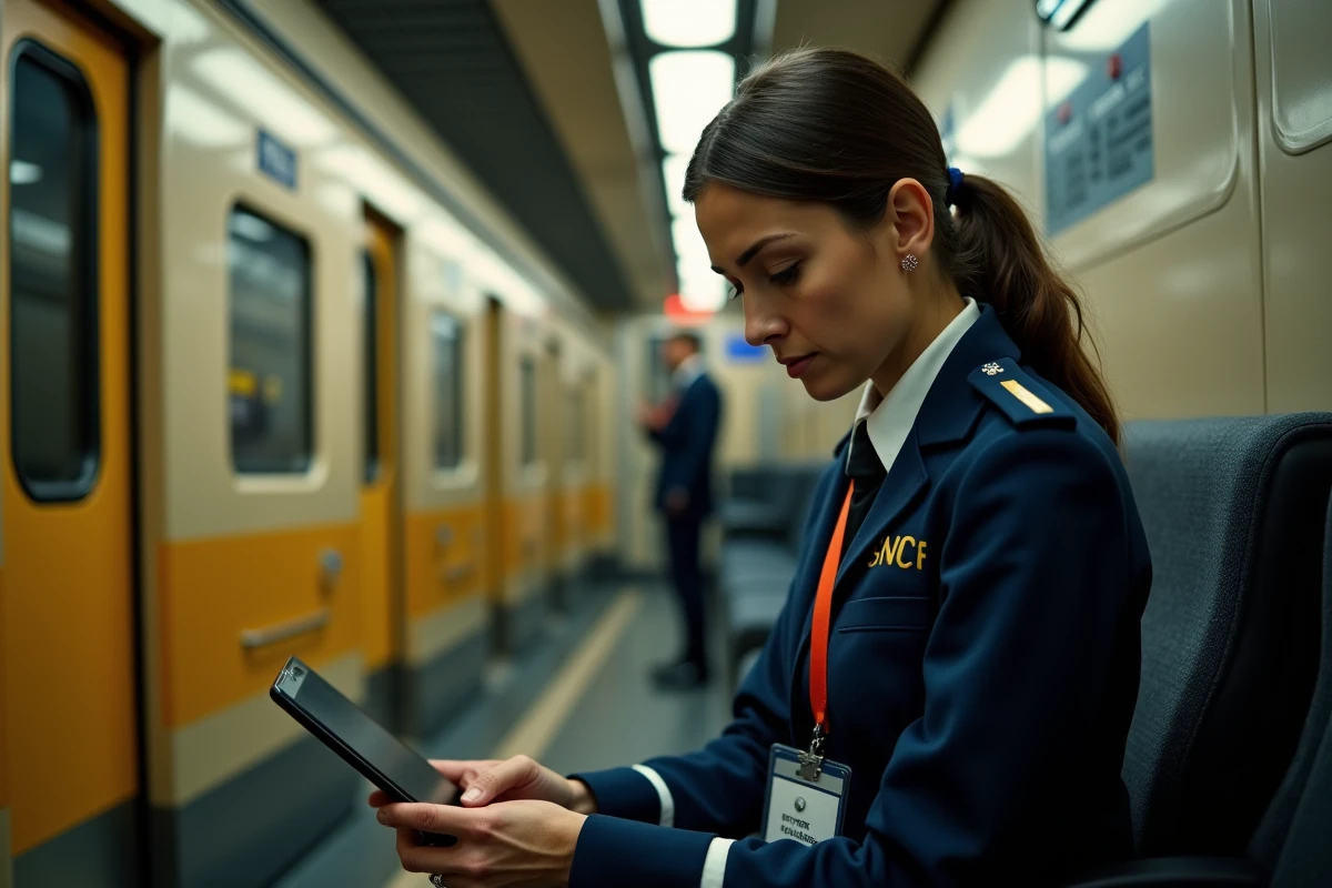 Contrôleuse SNCF en service de nuit dans le couloir d'un train couchette consultant son planning