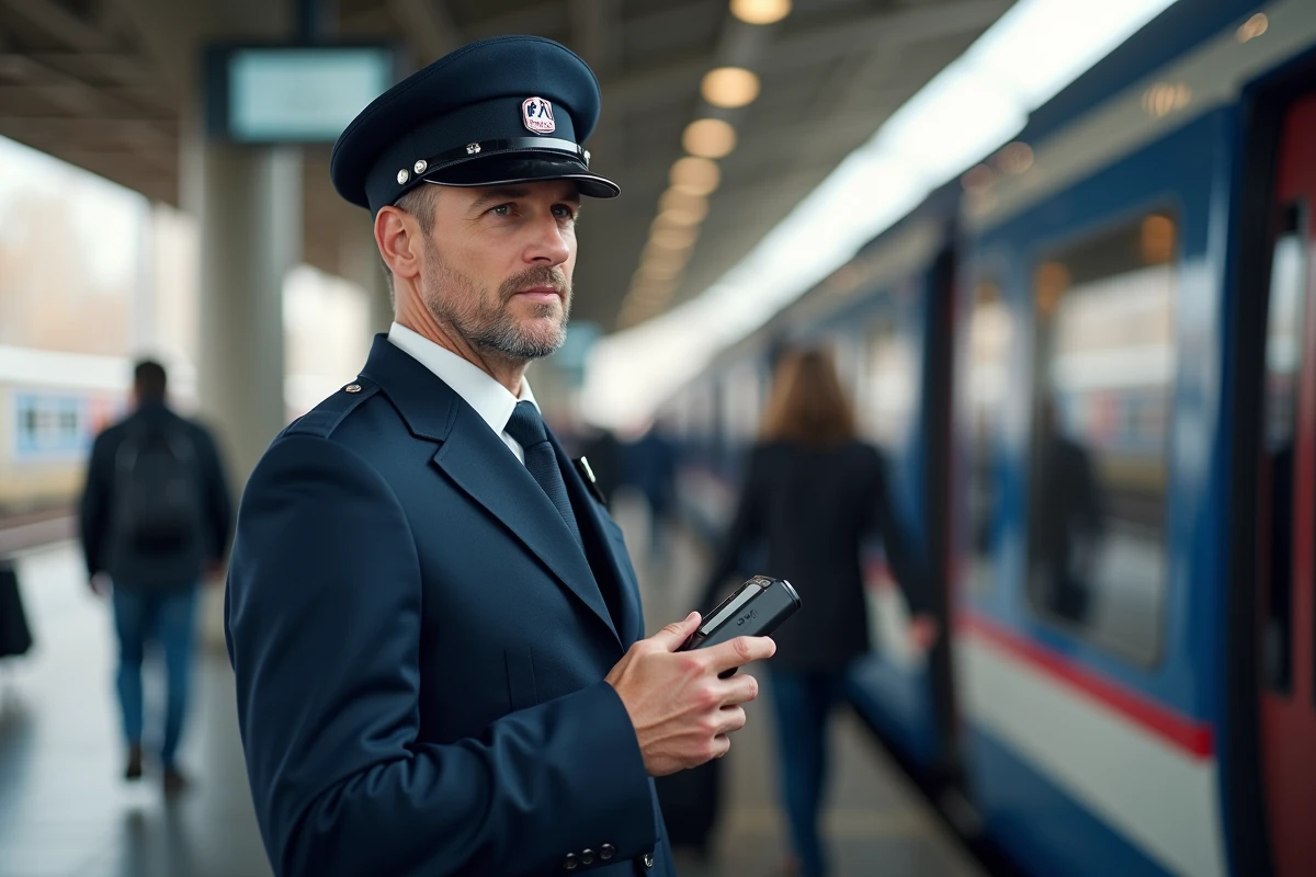 Contrôleur SNCF en uniforme officiel bleu marine validant des billets à bord d'un TGV en gare