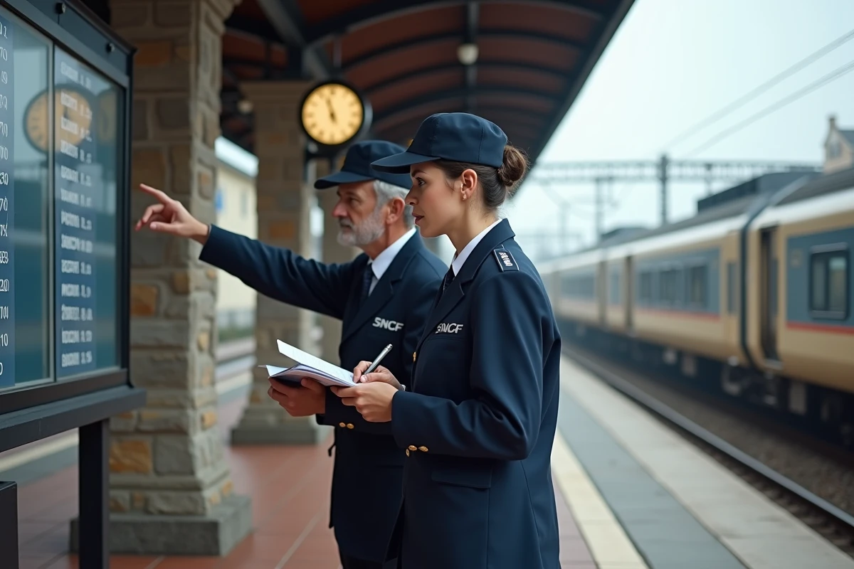 Deux agents contrôleurs SNCF en discussion sur un quai de gare régionale un dimanche matin