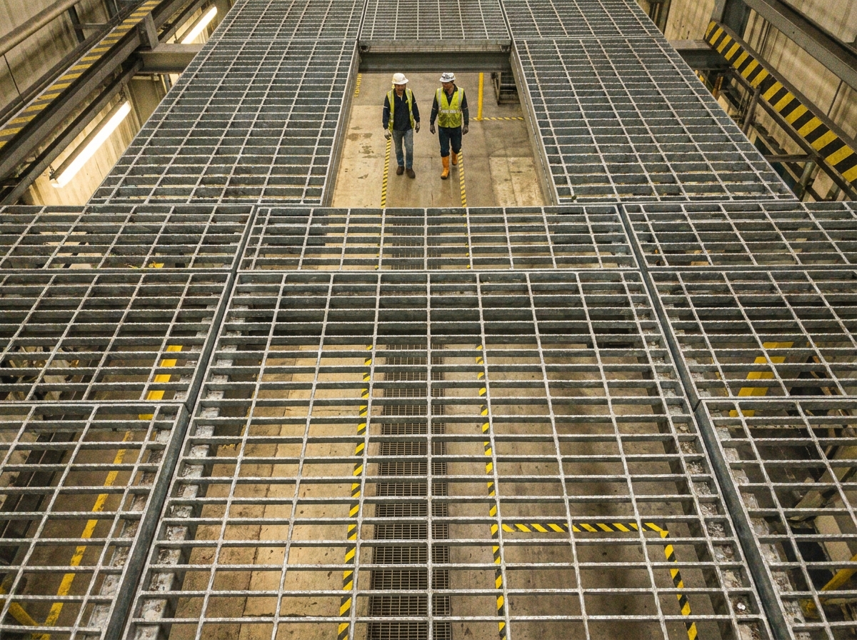 Vue aérienne d'un couloir de circulation balisé avec caillebotis acier galvanisé dans un site industriel