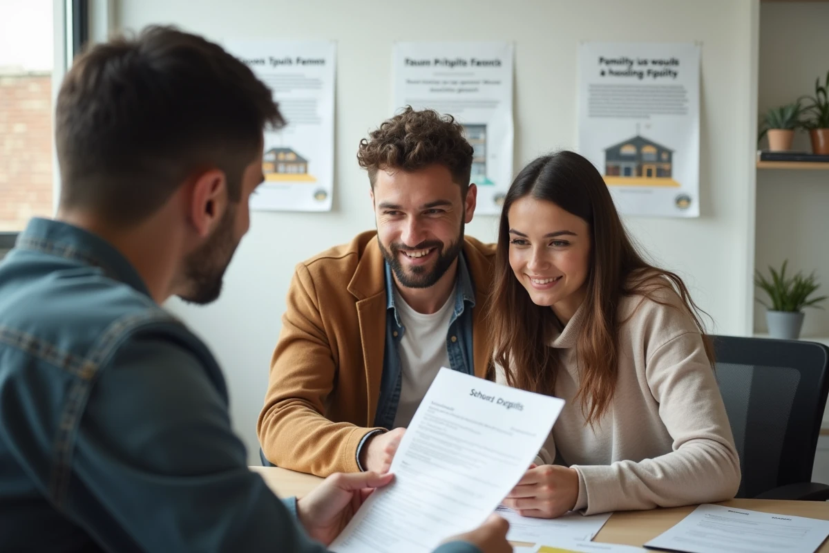 Couple en demande de logement prioritaire discutant avec un conseiller dans un bureau de service public municipal