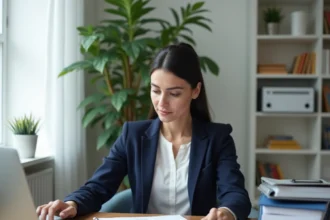Femme consultant des documents administratifs sur son bureau pour une démarche sur Monidenum