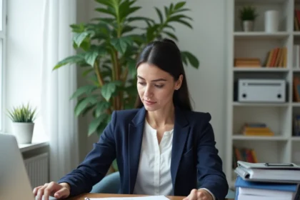 Femme consultant des documents administratifs sur son bureau pour une démarche sur Monidenum