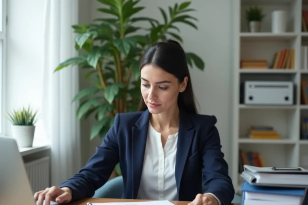 Femme consultant des documents administratifs sur son bureau pour une démarche sur Monidenum