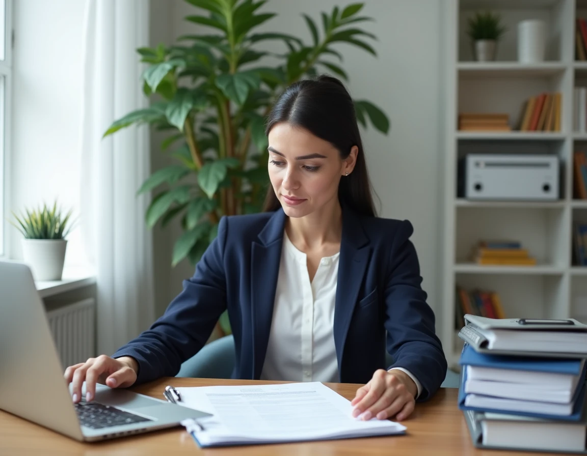 Femme consultant des documents administratifs sur son bureau pour une démarche sur Monidenum