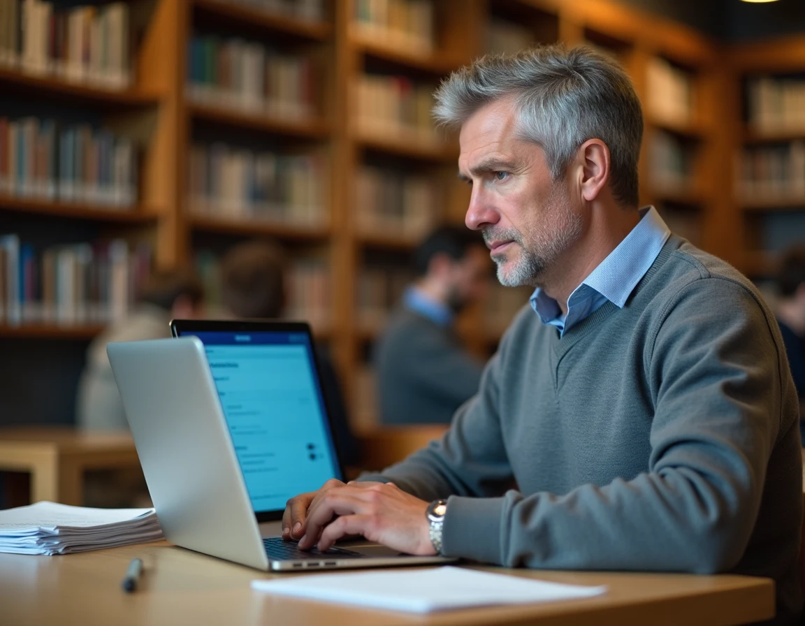 Homme effectuant ses démarches administratives en ligne sur Monidenum depuis une bibliothèque publique