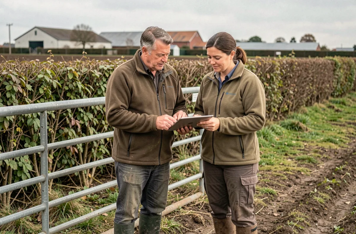Deux adhérents Terrena consultant ensemble les services en ligne TERCIEL sur une tablette au bord d'un champ agricole
