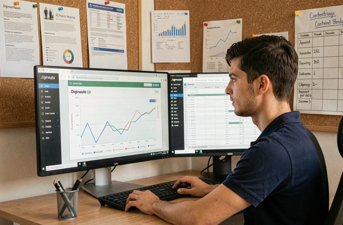 Spécialiste SEO de Diginaute analysant des graphiques de performance et des données de référencement naturel sur deux écrans