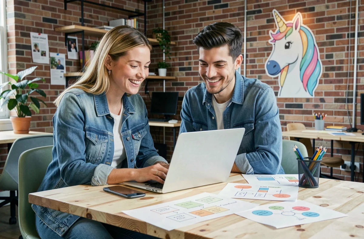 Équipe créative de Digital Unicorn collaborant sur des maquettes UX dans un espace de travail moderne