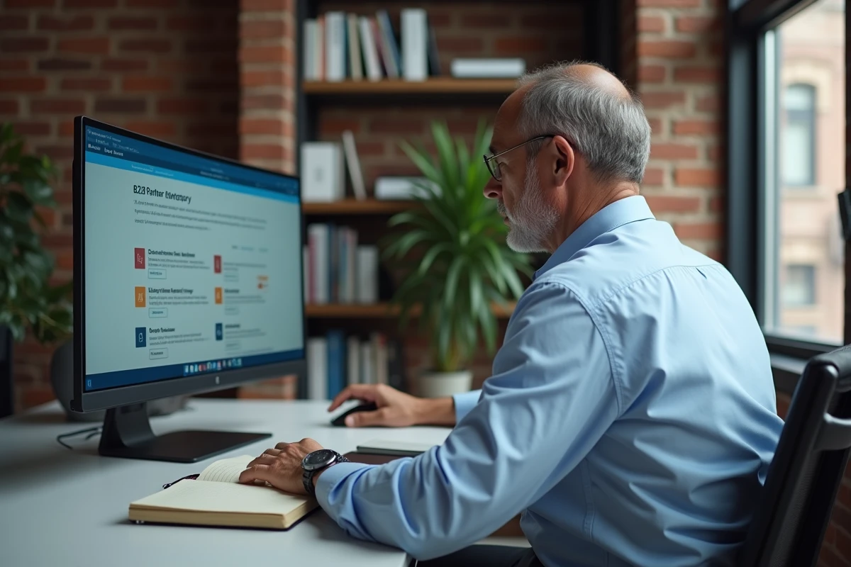 Directeur de cabinet de conseil analysant un annuaire de partenaires B2B sur écran dans un bureau privé