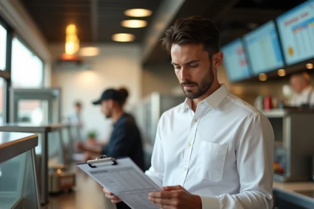 Directeur de restaurant McDonald's en train d'analyser un planning du personnel derrière le comptoir