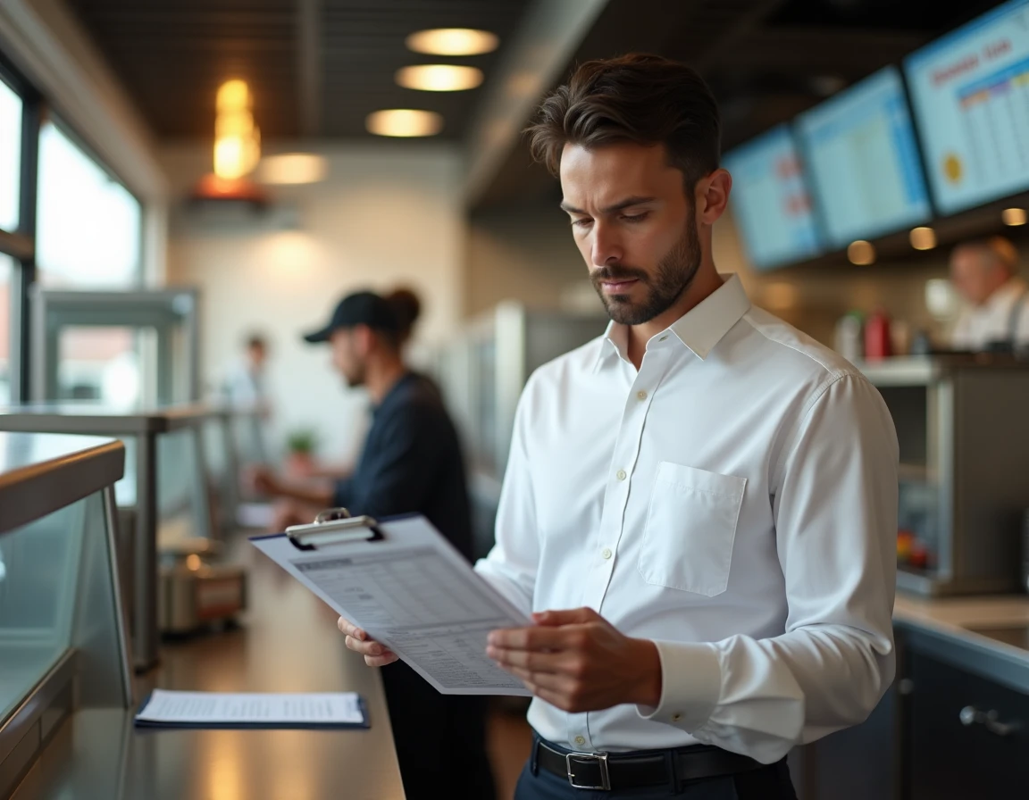 Directeur de restaurant McDonald's en train d'analyser un planning du personnel derrière le comptoir