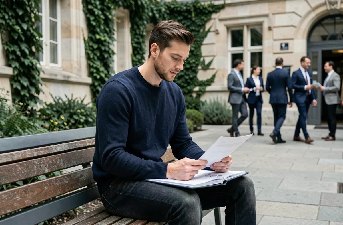 Jeune dirigeant grand et décontracté assis sur un banc devant un campus parisien, illustrant l'image et la stature physique d'un entrepreneur du secteur de l'IA