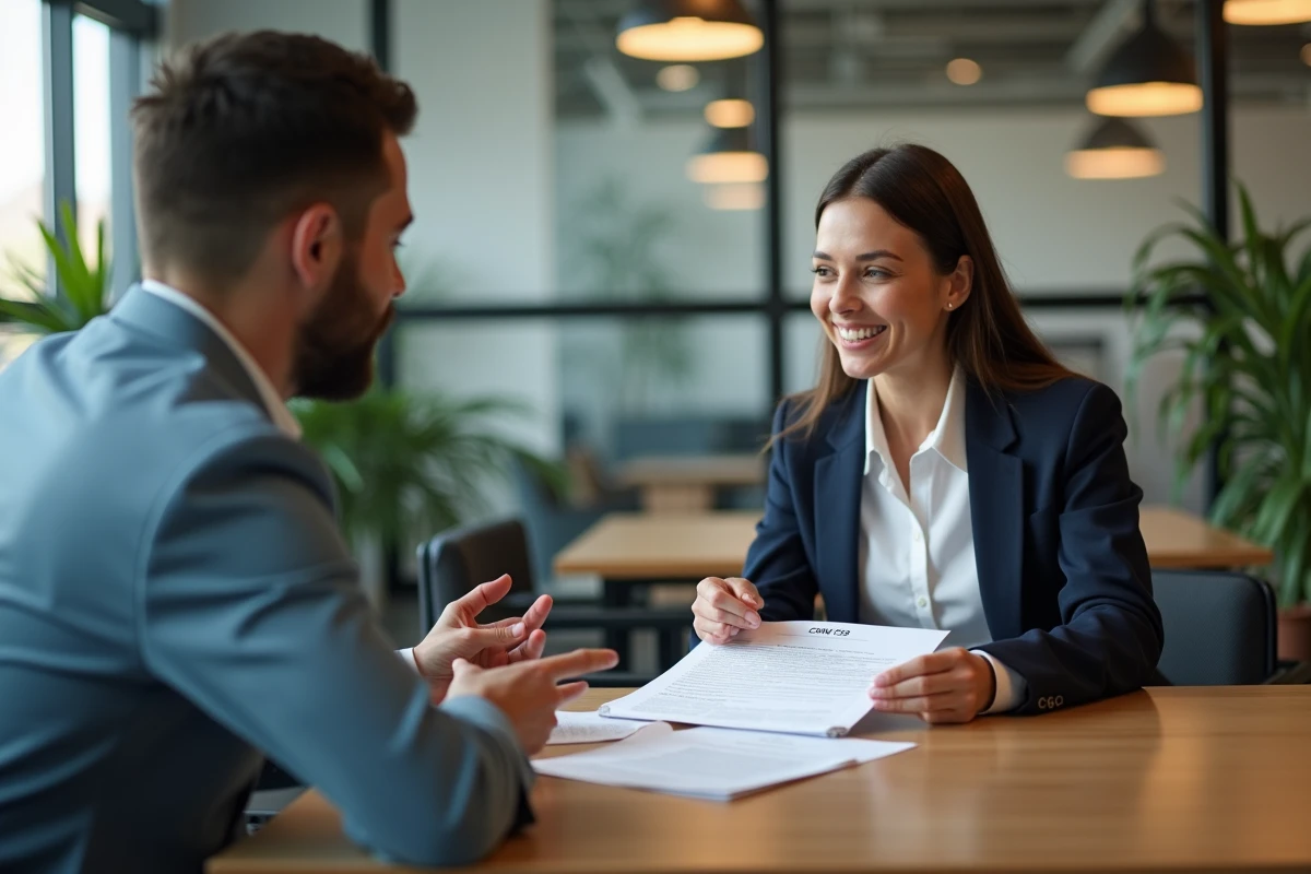 Deux collègues discutent de contrats dans un espace détendu