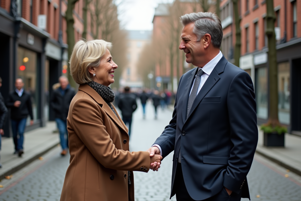 Homme et femme se serrant la main en ville