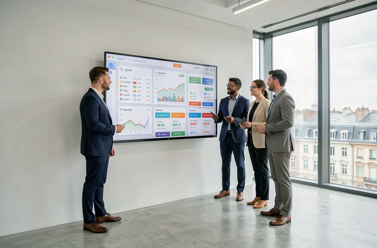 Équipe de l'agence Effilab analysant des tableaux de bord Google Ads sur un écran interactif dans leurs locaux modernes