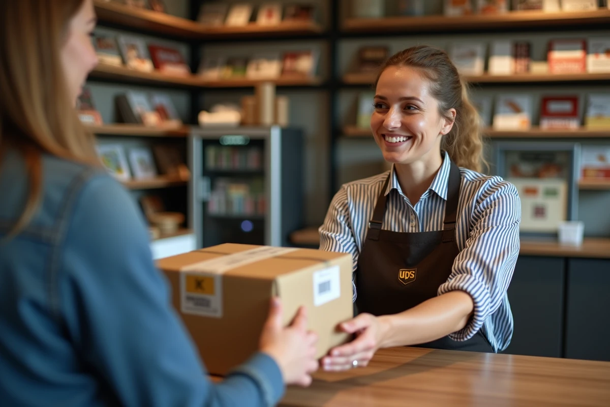 Employée d'un point relais UPS remettant un colis à un client dans un commerce