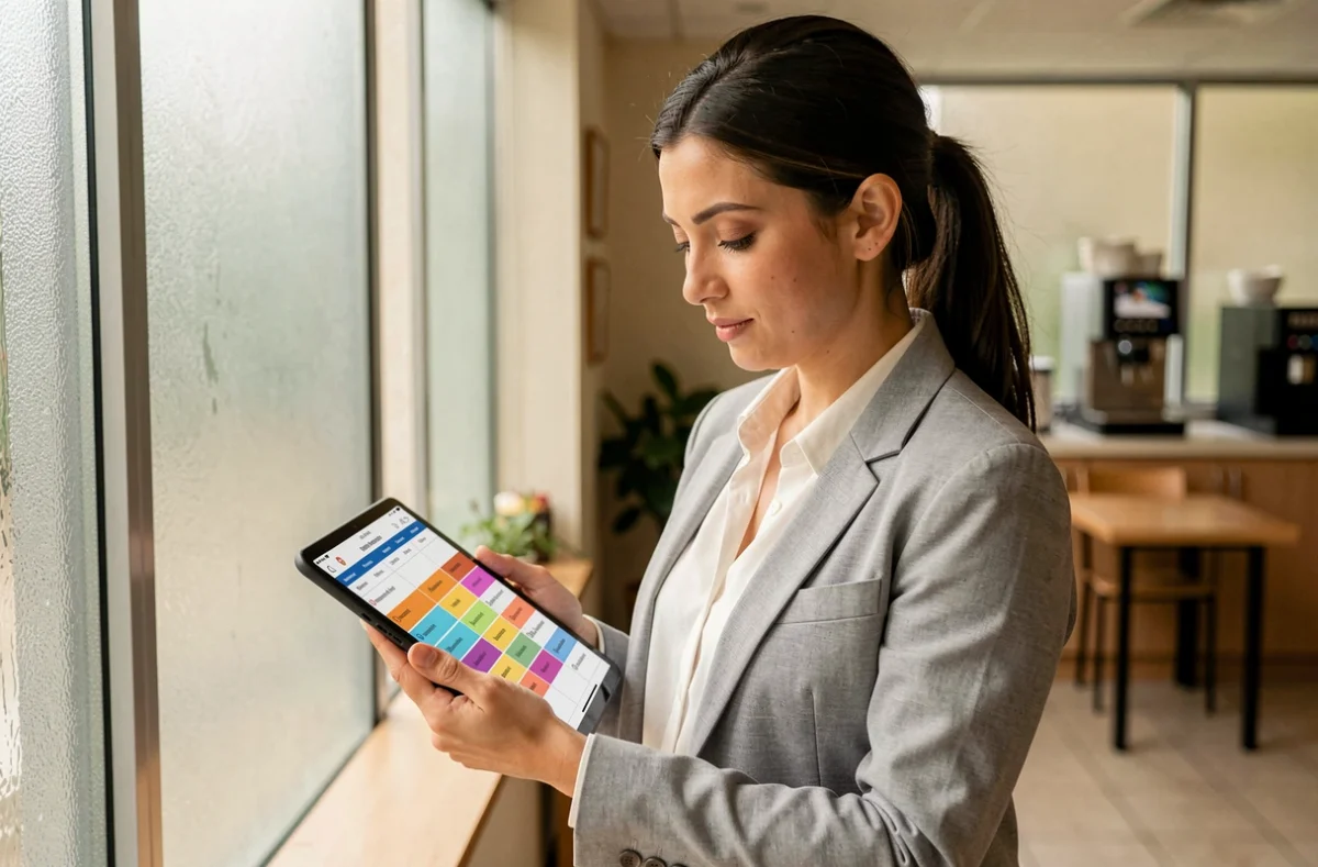 Employée en salle de pause consultant ses changements de service sur une tablette via une application web de planning