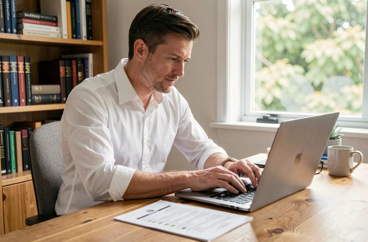 Entrepreneur travaillant depuis son bureau à domicile sur les démarches administratives pour créer une filiale à l'étranger