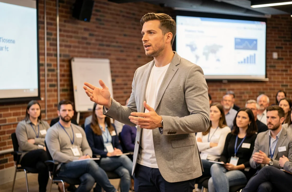 Grand homme professionnel prenant la parole lors d'une conférence tech, illustrant la présence scénique et l'image publique d'un entrepreneur influent