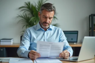 Entrepreneur en train de remplir des documents administratifs pour fermer son entreprise via un guichet officiel