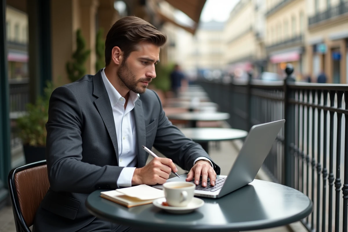 Un entrepreneur en costume charbon travaille sur un dossier de financement dans un café en terrasse parisienne