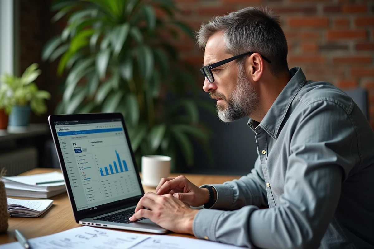 Entrepreneur masculin analysant des métriques de suivi des ventes affiliées Conversant depuis son bureau à domicile