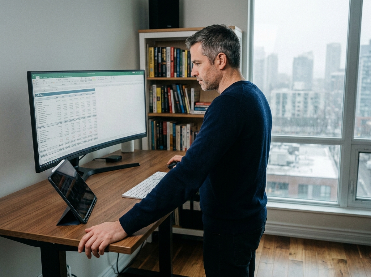 Entrepreneur debout à son bureau consultant un tableau de trésorerie prévisionnelle sur un écran d'ordinateur